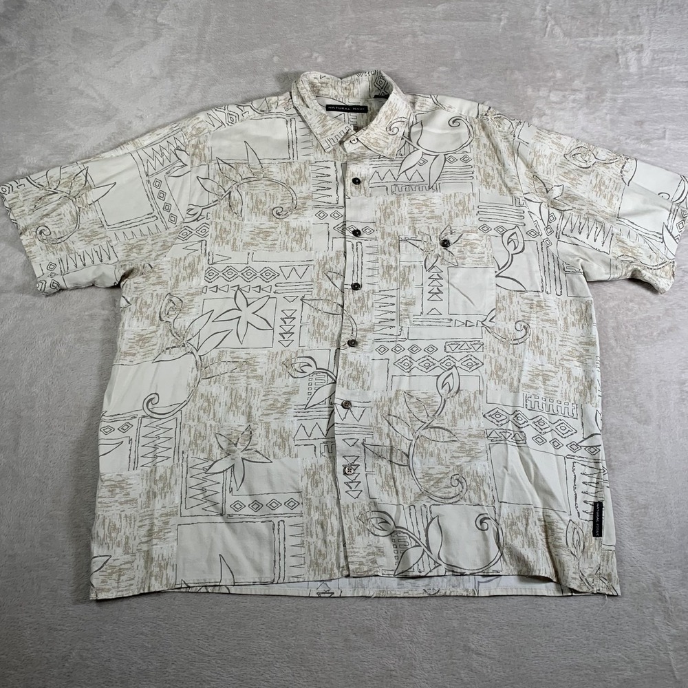 Natural Issue Shirt Mens XL Beige Rayon Hawaiian Aloha Camp Abstract Button Up‎